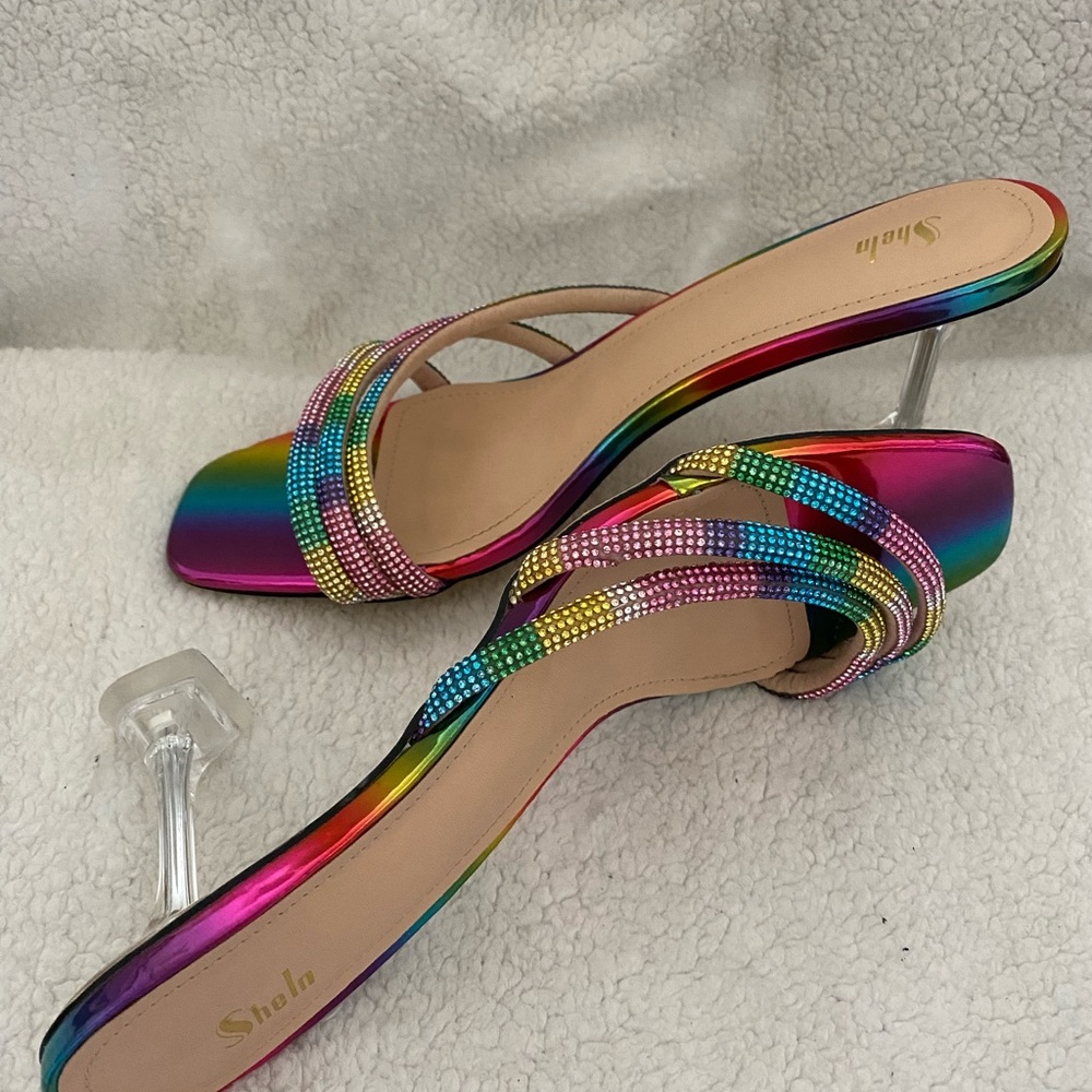 Colorblock Rhinestone Decor Pyramid Heeled Mules Size 10 - Picture 6 of 12